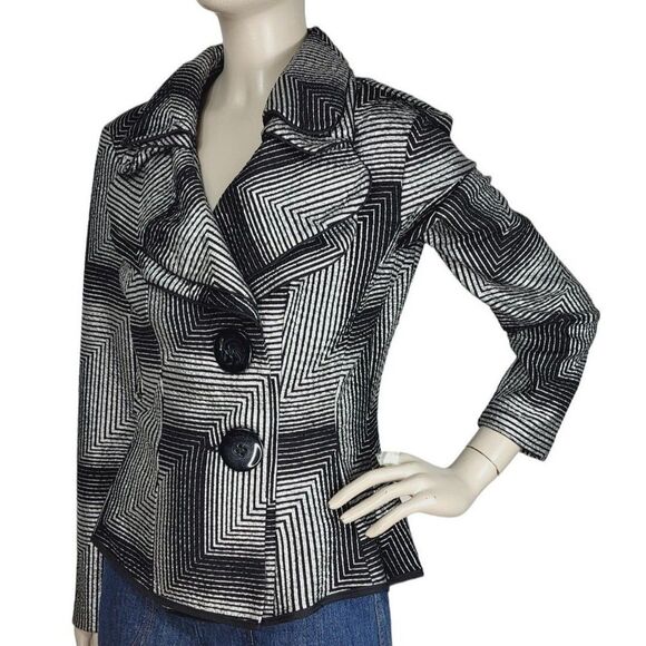 Joseph Ribkoff Chevron Print Black & Silver Tiered High Collar Peplum Jacket - Picture 2 of 14